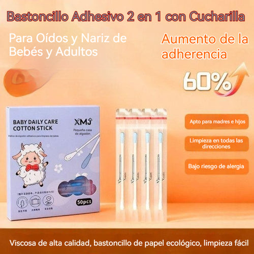 🔥 Compra 1 Caja y Recibe Otra Gratis | 100 Bastoncillos 👂 Diseño 2 en 1 con Punta Adhesiva y Cucharilla para Oídos y Nariz